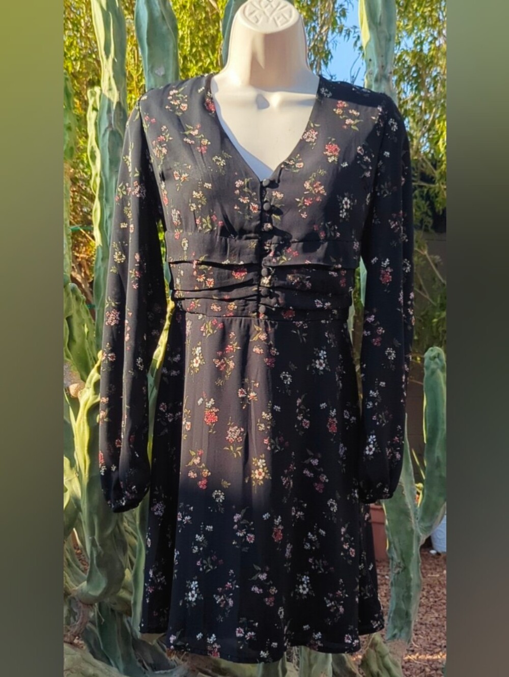 Row A Black Floral Long Sleeve Dress Medium Balloon Sleeve Cottagecore